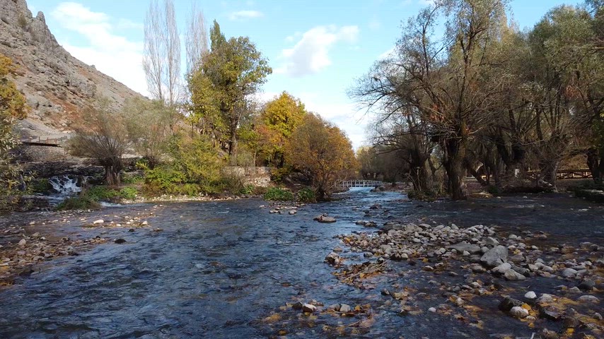 Munzur Gözeleri'nde akan berrak kaynak suyu ve sonbahar manzarasını suyun akış yönünden gösteren doğal video karesi.