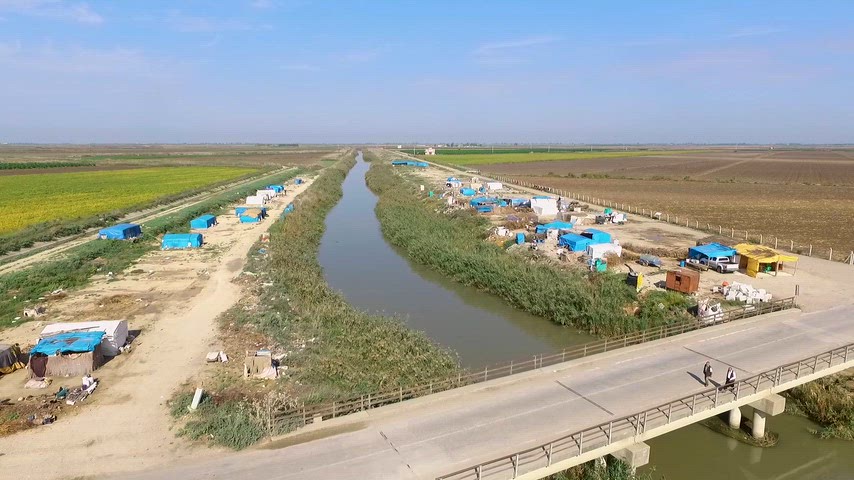Havadan Adana sulama kanalı boyunca çadırkent ve Çukurova tarım arazileri görüntüsü