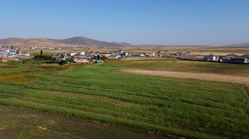 Kars Arpaçay Karakale köyü, havadan köy görüntüsü, tarım arazileri, kırsal manzara
