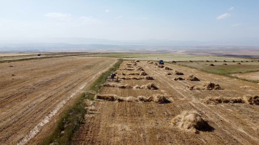saman toplama, tarım arazisi, hasat, saman yığınları, traktör, çiftçi, tarla, kırsal yaşam, tarımsal üretim, havadan çekim